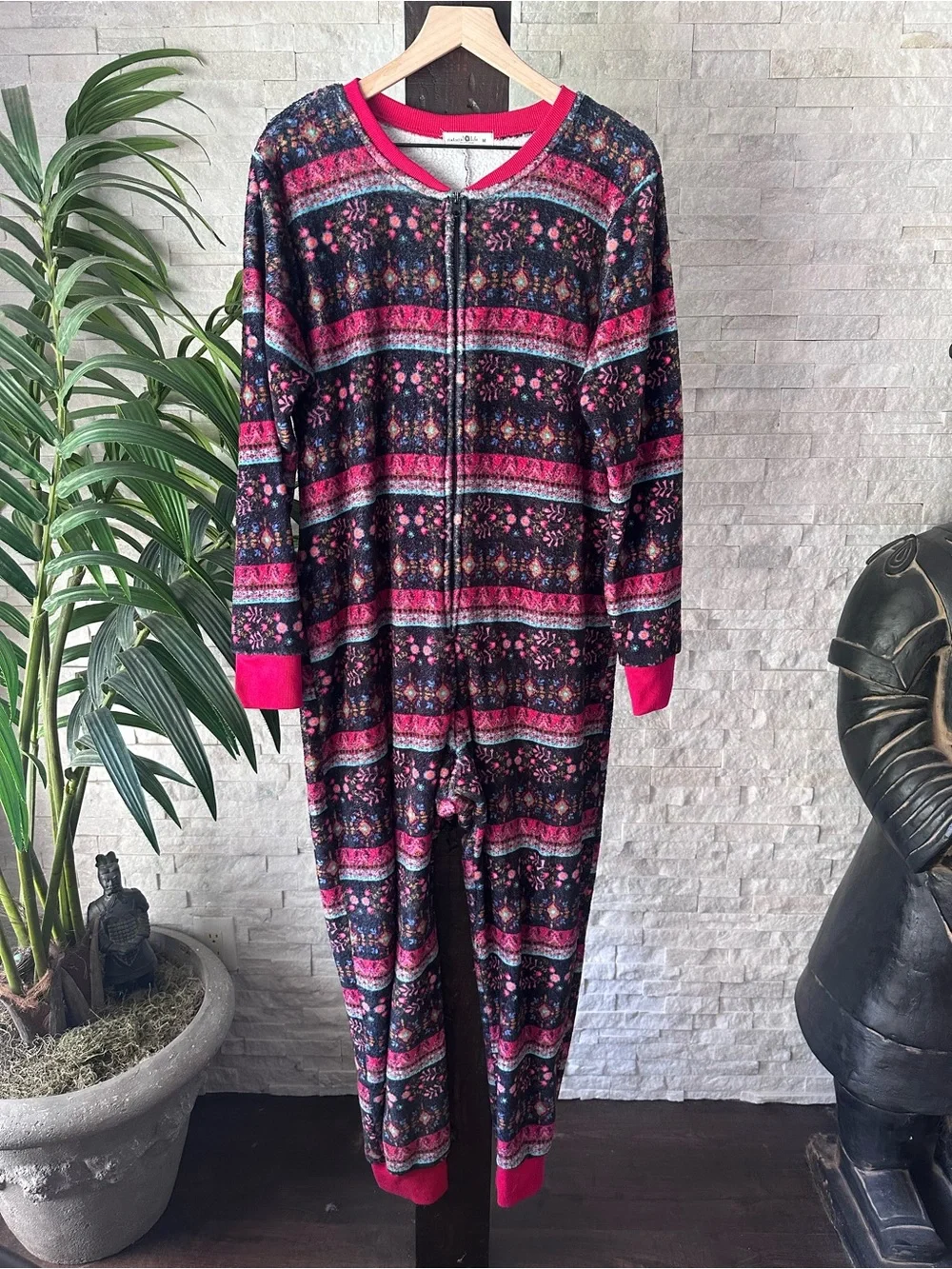 Natural Life Boho Dark Floral Patterned Fleece Cozy One-Piece Jumpsuit Size M